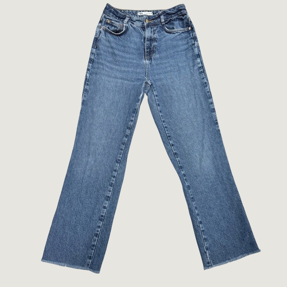 Zara Womens High Waisted Straight Leg Jeans Blue Retro Boho Preppy Casual Sz 4